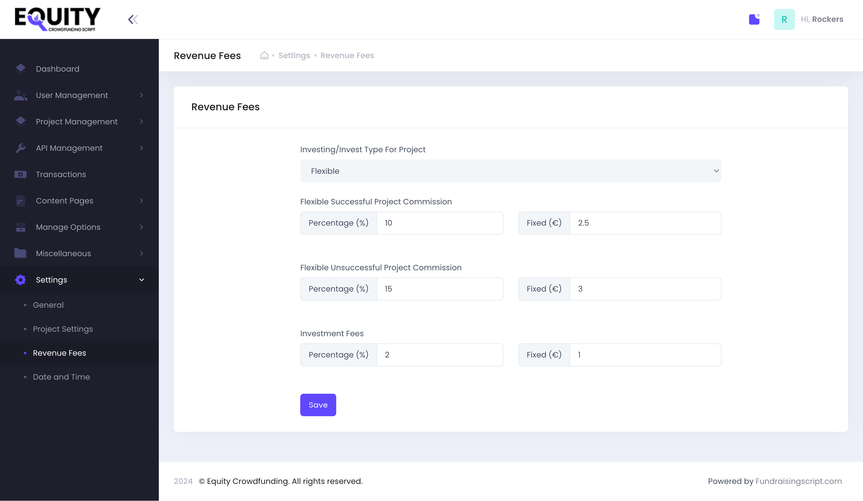 Crowdfunding platform revenue fees structure management system